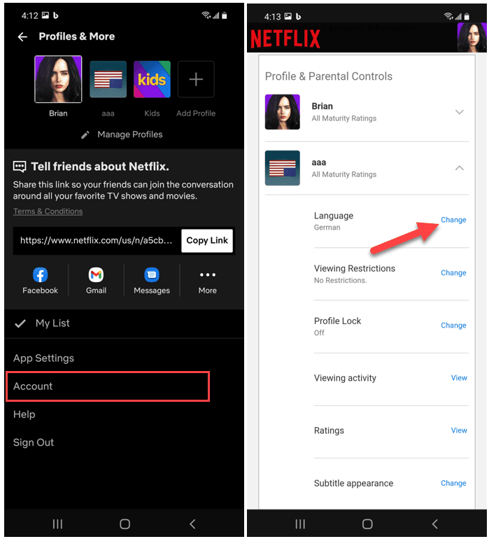 Netflixi Androidi rakenduse konto