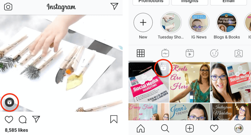Instagrami rullide ikoon, mis kuvatakse voopostitusel ja profiiliruudustiku ruudul