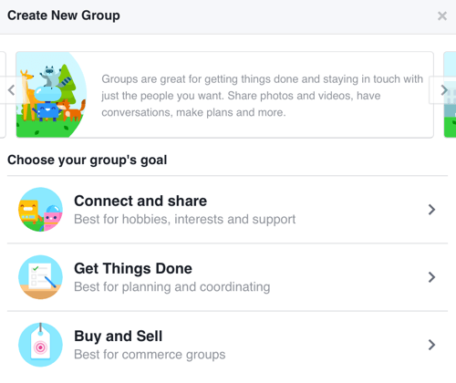 Kogukonna loomisele keskendunud Facebooki grupi loomiseks valige Ühenda ja jaga.