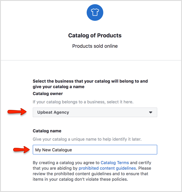 Valige ettevõte, kuhu teie Facebooki kataloog kuulub, ja andke oma kataloogile nimi.