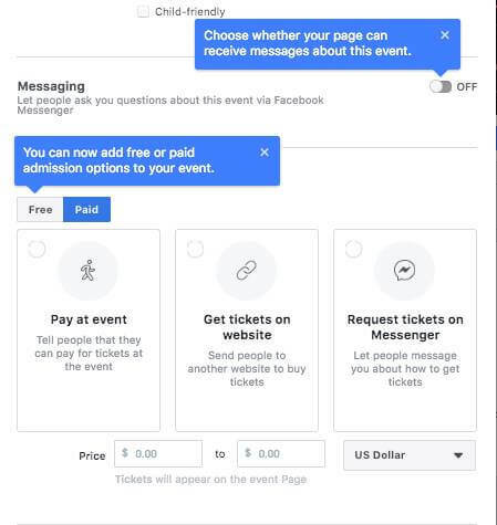 Näib, et Facebook testib võimalust lubada inimestel Facebook Messengeri kaudu küsimusi esitada, lisada tasuta või tasuline sissepääsuvõimalus sündmusele ja määrake Facebooki sündmuse seadistamisel piletihindade vahemik Leht.