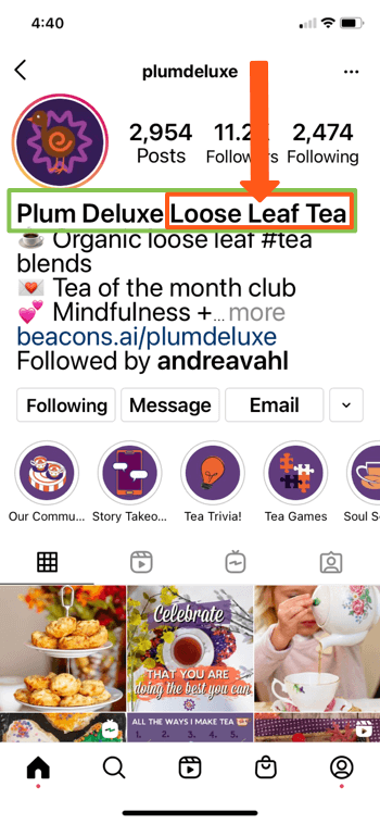 @splumdeluxe instagramprofiili näide, mis näitab nende lehe eluloos märksõnu „plum deluxe” ja „loose leaf tea”, mis võimaldab neil otsingutulemites hästi ilmuda