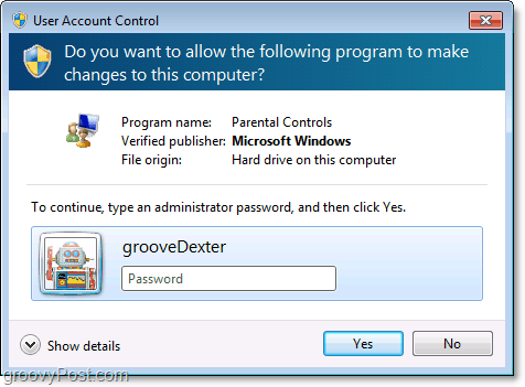 saate Windows 7-s vanemliku kontrolli ümberkorraldamise alistada, sisestades administraatori parooli