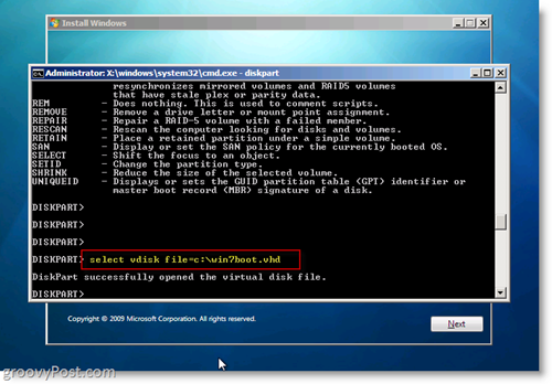 Windows 7 loomuliku VHD installimine kahekordse alglaadimisega Valige CMD viipast VHD