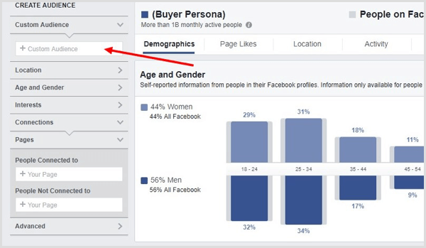 Valige jaotises Facebooki vaatajaskonna statistika oma loodud kohandatud vaatajaskond.