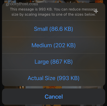 iphone e-posti pildi suurus