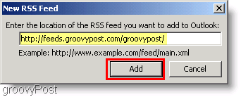 Ekraanipilt Microsoft Outlook 2007 - sisestage uus RSS-kanal