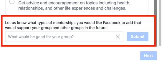 Kuidas oma Facebooki grupi kogukonda paremaks muuta, võimalus soovitada Facebookile grupi juhendamise kategooria võimalust
