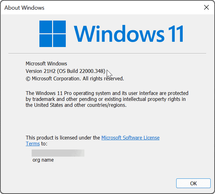 Versioon ja Windows 11 ehitamine käsu winver kaudu
