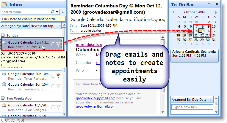 Outlook 2007 ülesanderiba - lohistage e-kiri kalendrisse
