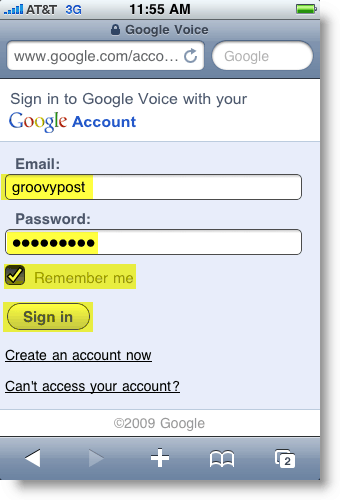 Google Voice'i sisselogimisleht