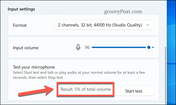 Windows 11 mikrofoni testi tulemuse protsent