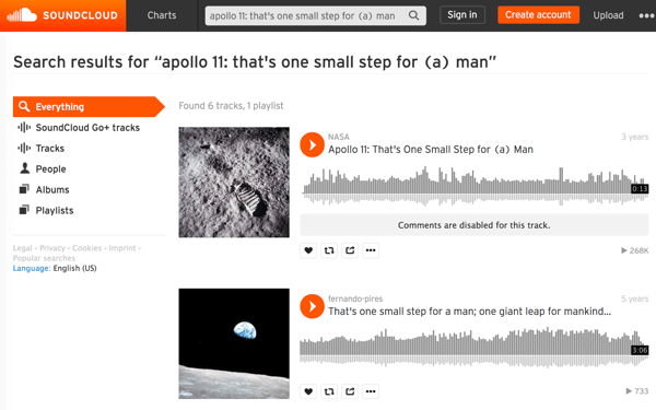 Otsige SoundCloudist NASA meediumifaile, et leida ja alla laadida ikooniliste ajalooliste hetkede heli, nagu esimene jalutuskäik Kuul.