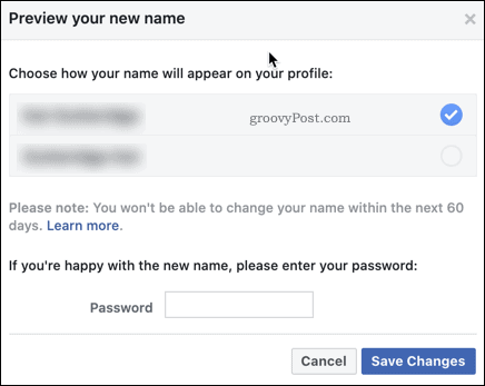 Facebooki nime muutmise kinnitamine