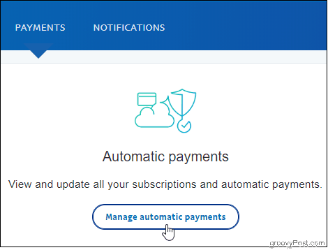 PayPal klõpsake käsul Halda automaatmakseid
