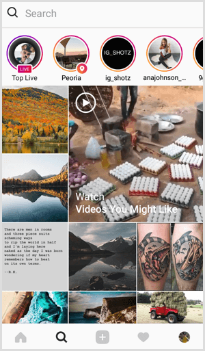 Instagrami reaalajas vahekaart Otsimine ja avastamine
