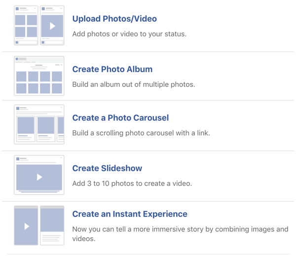 Näide Facebooki pildi ja videopostituse valikutest.