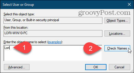 Klõpsake Windowsi registri dialoogiboksis Vali kasutaja või grupp kasutajanime sisestamiseks nuppu Kontrolli nimesid