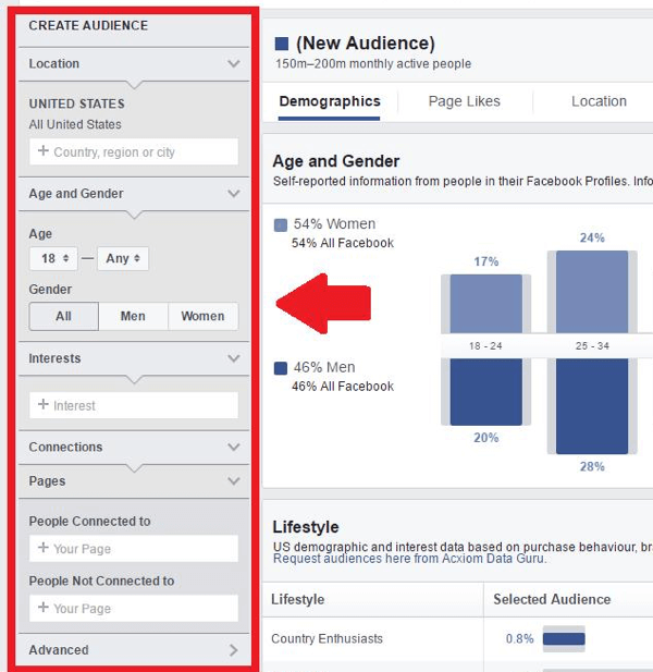 Minge Facebooki vaatajaskonna statistika jaotisse Loo vaatajaskond.