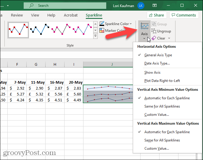 Telje nupp Exceli vahekaardil Sparkline