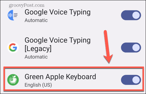 android lülitab rohelise õuna klaviatuuri sisse