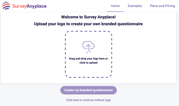 Küsitluse Anyplace tervitus ja logo üleslaadimine kaubamärgiga küsimustiku jaoks.