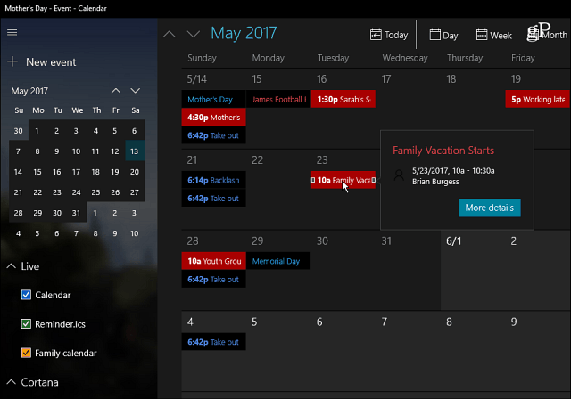 Rakendus Windows 10 Calendar