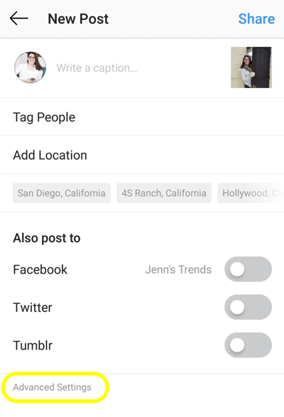 Kuidas lisada Instagrami postitustele altteksti, 1. samm, uus Instagrami postituse täpsema sätte valik