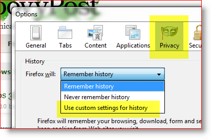 Firefox - kasutage ajaloo kohandatud sätteid