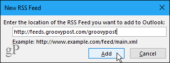 Uus RSS-voo dialoogiboks Outlookis