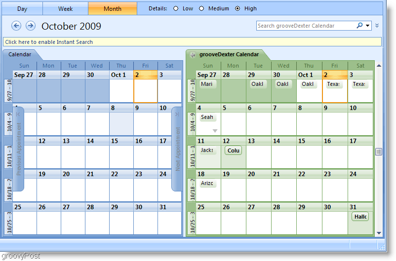 Outlook 2007 kõrvuti kalendri ekraanipilt