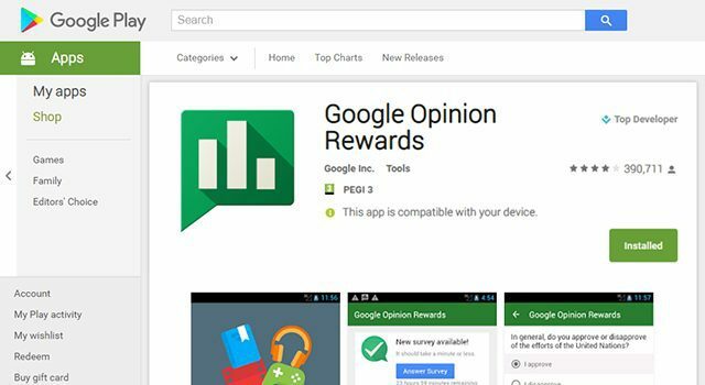 Teenige tasuta Google Play krediiti teenusega Google Opinion Rewards
