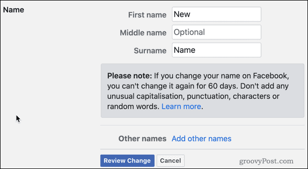 Vaadake üle Facebooki nime muudatused