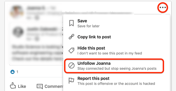 ekraanipilt... rippmenüü LinkedIni postituse jaoks, mille suvand Unfollow on ringis punasega