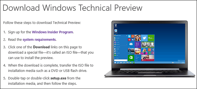 Laadige alla Windows 10 tehniline eelvaade