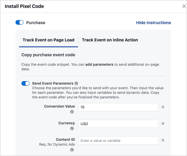 Vajaliku Facebooki sündmuse koodi genereerimiseks määrake parameetrid.