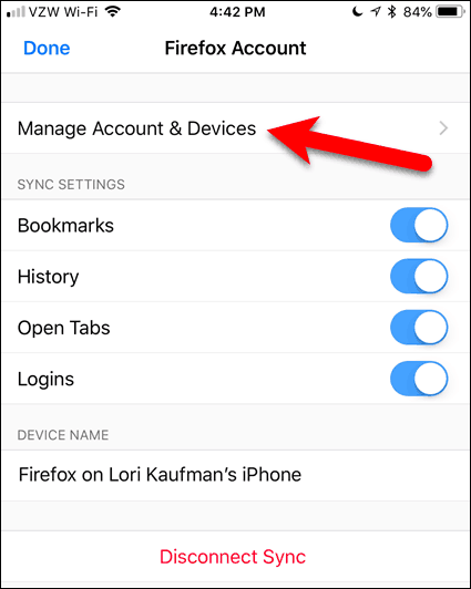 Puudutage iOS-i jaoks Firefoxis konto ja seadmete haldamist