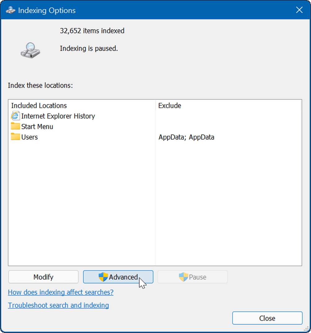 Täpsemad indekseerimissuvandid peidavad failid ja kaustad Windows 11 otsingust