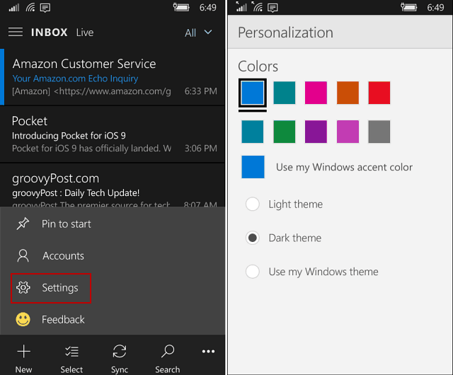 Outlooki posti- ja kalendrirakendus opsüsteemis Windows 10 Mobile Gains Dark Theme