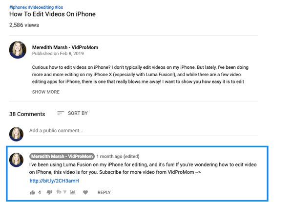 Kuidas kasutada videosarja oma YouTube'i kanali kasvatamiseks, näide kinnitatud YouTube'i videokommentaarist koos Meredith Marsh'i lingiga