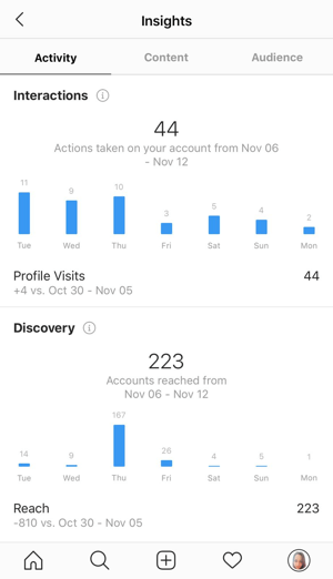 Näide Instagrami statistikast, mis näitab andmeid vahekaardil Tegevus.