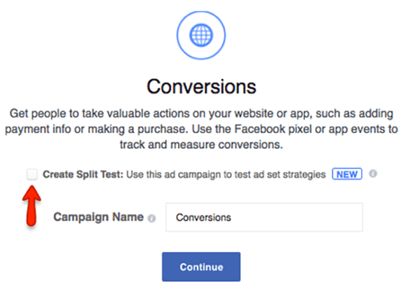 Märkige ruut, et luua jagatud test oma Facebooki kampaania jaoks.