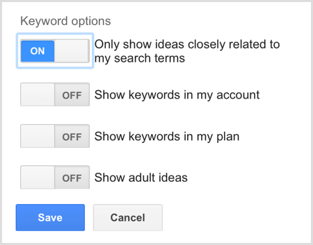 Google AdWordsi märksõnade plaanija otsingu märksõna valikud