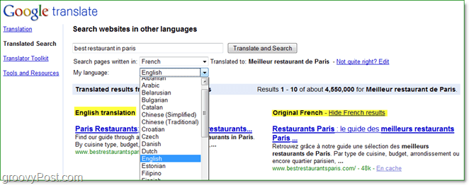 otsige eri keeltes Interneti-lehti ja lugege neid oma keeles, kasutades Google'i tõlgitud serachi