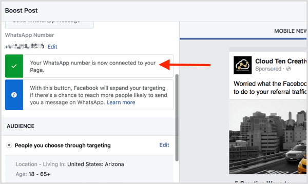 Facebook kinnitab, et olete oma Facebooki lehe WhatsAppiga ühendanud.