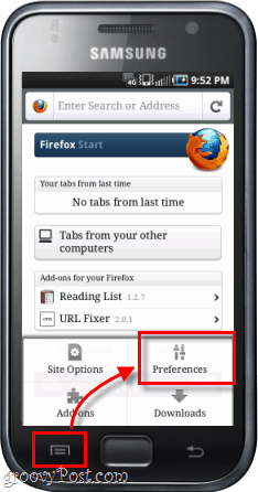 Android-telefoni Firefoxi rakenduse eelistused