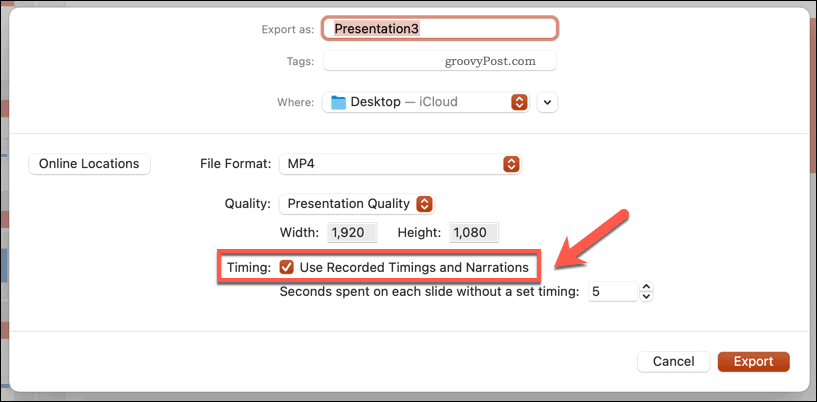 Salvestatud ajastuste kasutamine eksporditud video jaoks PowerPointi Macis