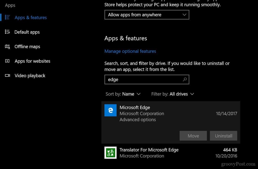 Kuidas Microsoft Edge veebibrauser lähtestada või parandada Windows 10 1709 ja uuemates versioonides