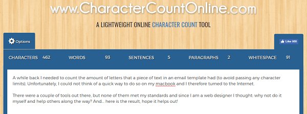 Tähemärkide, sõnade, lõigete ja muu lugemiseks kasutage lehte CharacterCountOnline.com.