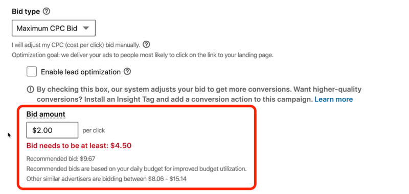 ekraanipilt punasest sõnumist, milles öeldakse, et „LinkedIni pakkumine peab olema vähemalt 4,50 dollarit”